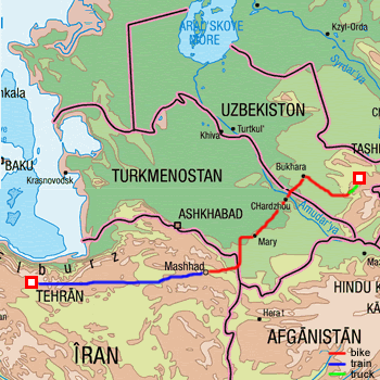map route Iran, Turkmenistan and uzbekistan